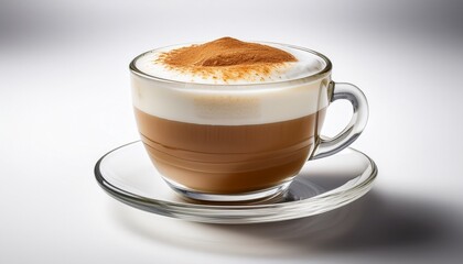 Obraz premium a freshly prepared cappuccino coffee served in a clear glass cup against a clean white background