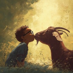 Boy Kissing a Goat on a Sunny Day