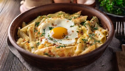 baked pasta dish with cheese egg and herbs in rustic bowl