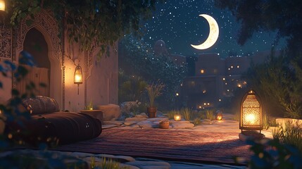 Magical Arabian Night: Crescent Moon Over Illuminated Courtyard Serenity