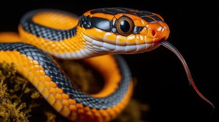 Fototapeta premium Detailed portrait of a vibrantly colored snake with a long forked tongue against a dark background.