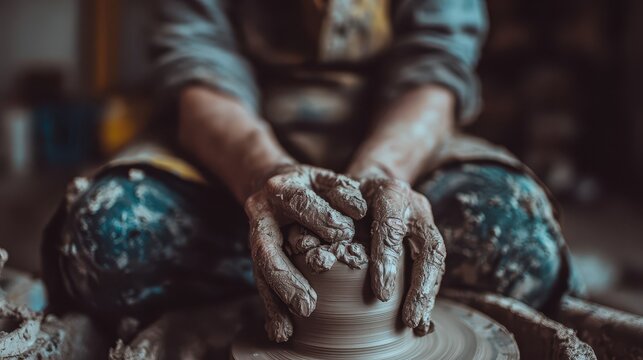 Close-up of hands shaping clay on a pottery wheel.
