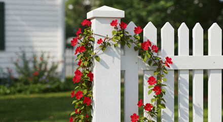 Vibrant red blossoms cascade down a pristine white picket fence under natural light creating an