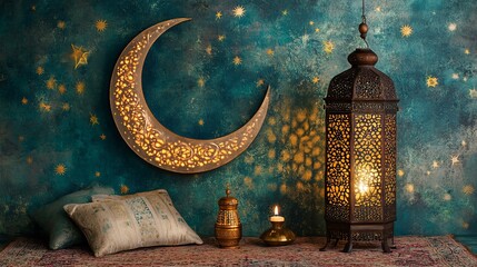 Festive ramadan ambiance with glowing crescent moon and decorative lantern