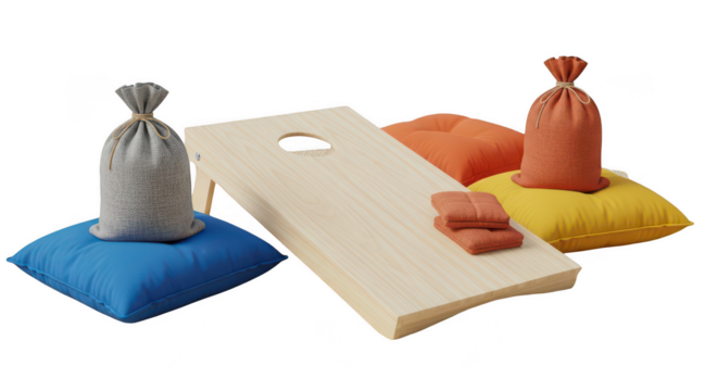 Cornhole game set with bean bags and board isolated on transparent background