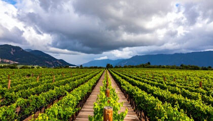 A scenic vineyard with lush green rows of grapevines stretching towards rolling hills and mountains under a dramatic, cloudy sky.