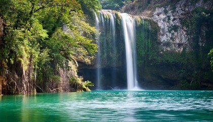 Fototapeta premium majestic waterfall cascading into tropical lagoon jungle setting scenic landscape serene viewpoint nature s beauty