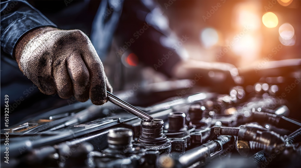 Poster close-up view of a mechanic working on a vehicle engine.