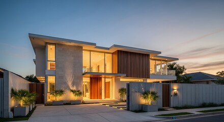 Fototapeta premium Stunning Modern Luxury Home Exterior at Twilight with Illuminated Facade and Elegant Contempora