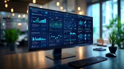 Modern office workspace with stock market data and financial analysis on screen - Powered by Adobe
