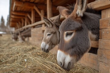 Donkeys Eating Hay in a Rustic Barn