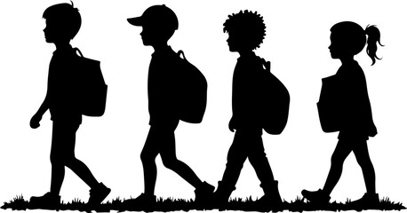 silhouettes of children go to school, silhouette, people, vector, child, illustration, woman, children, black, boy, business, silhouettes, group, family, baby, walking, couple, dance, person, sport, s