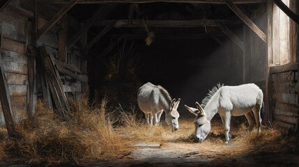 Donkeys Eating Hay in a Rustic Barn