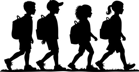 silhouettes of children go to school, silhouette, people, vector, child, illustration, woman, children, black, boy, business, silhouettes, group, family, baby, walking, couple, dance, person, sport, s