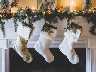 Holiday warmth: Christmas stockings hung above fireplace mantel with greenery