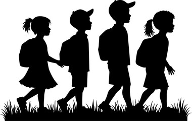 silhouettes of children go to school, silhouette, people, vector, child, illustration, woman, children, black, boy, business, silhouettes, group, family, baby, walking, couple, dance, person, sport, s