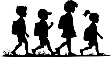 silhouettes of children go to school, silhouette, people, vector, child, illustration, woman, children, black, boy, business, silhouettes, group, family, baby, walking, couple, dance, person, sport, s