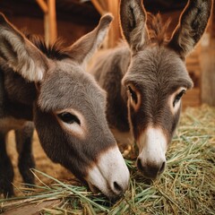 Donkeys Eating Hay in a Rustic Barn