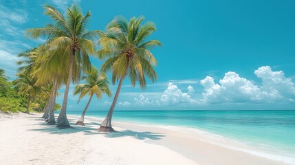 Fototapeta premium Palm trees line a serene white beach, creating a calming tropical paradise with blue sky above.