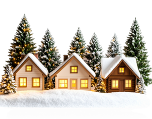 Snowy Outdoor Christmas Village Scene with Lit Cabins and Falling Snow, Transparent PNG