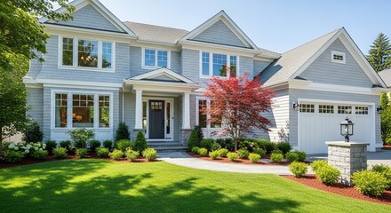 Stunning Modern Home Exterior with Grey Shingle Siding Lush Green Lawn and Vibrant Red Tree L