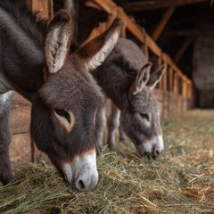 Donkeys Eating Hay in a Rustic Barn