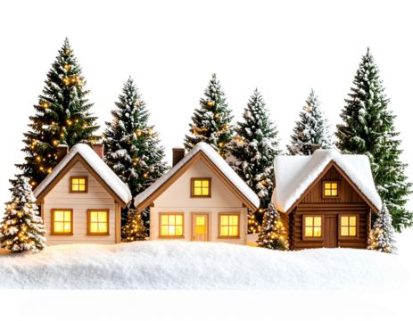 Snowy Outdoor Christmas Village Scene with Lit Cabins and Falling Snow, Transparent PNG