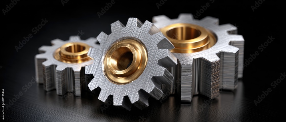 Poster metallic gears robotics rotation concept. gears with metallic textures and a gold accent on a dark b