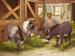Donkeys Eating Hay in a Rustic Barn