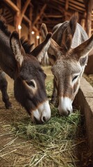 Donkeys Eating Hay in a Rustic Barn