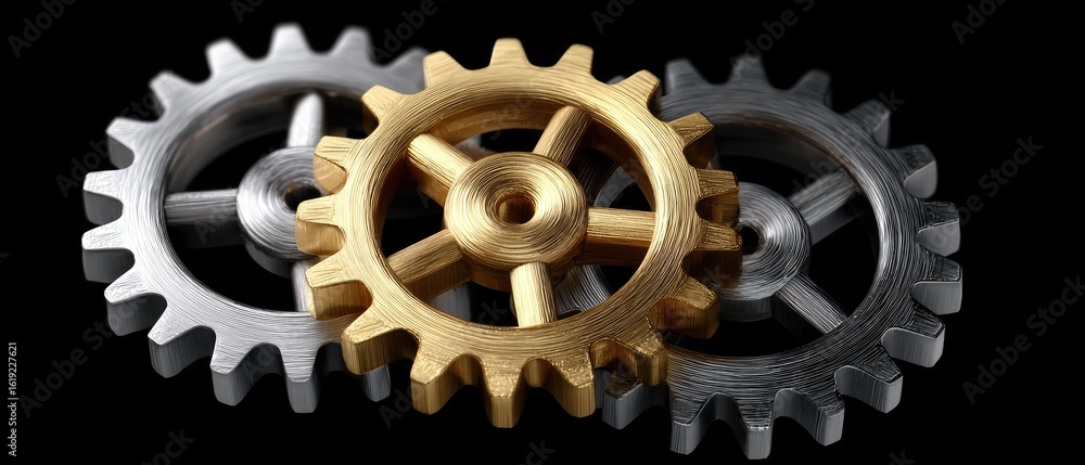 Poster metallic gears robotics rotation concept. three metallic gears in silver and gold, showcasing intric