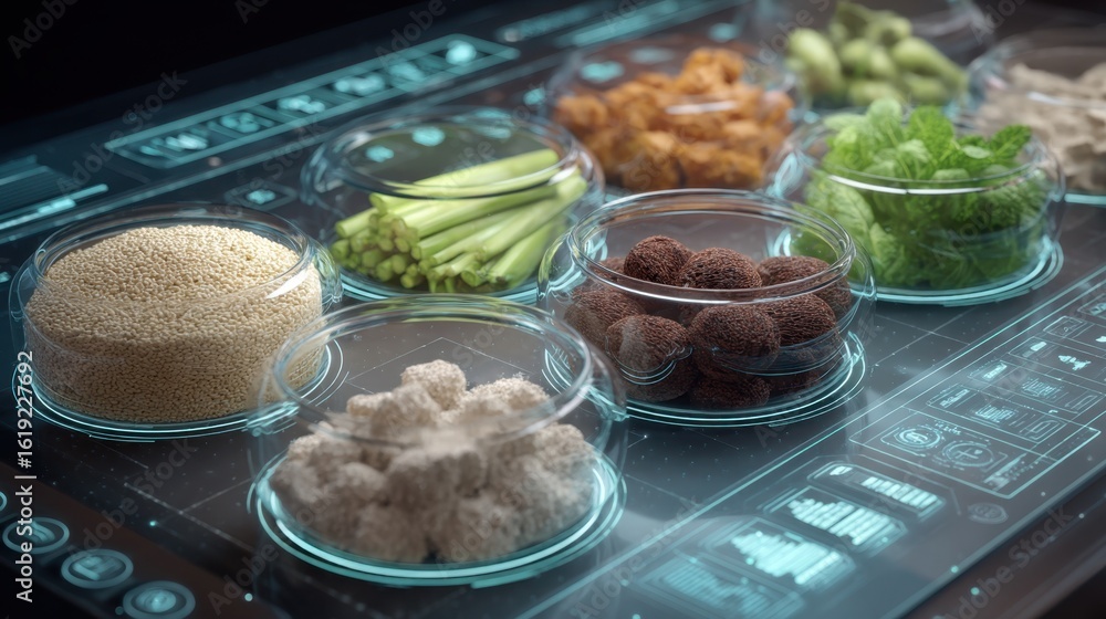 Poster displaying various plant based ingredients in glass containers on a futuristic lab table with glowin