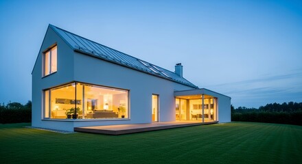 Contemporary Minimalist Home Exterior at Dusk with Warm Interior Lighting Green Lawn and Clea