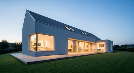 Modern Contemporary Home Exterior with Illuminated Interior Green Lawn and Wooden Deck at Twi