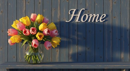 Vibrant Tulips Bouquet and Home Sign on Rustic Blue Wooden Shelf with Sunny Shadows and Copy