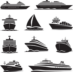 Collection of diverse ship silhouettes on a white background