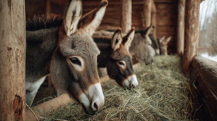 Donkeys Eating Hay in a Rustic Barn