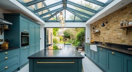 Luxurious Modern Kitchen with Teal Cabinetry Glass Roof Lantern and Open View to Lush Green G