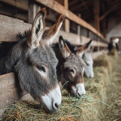 Donkeys Eating Hay in a Rustic Barn