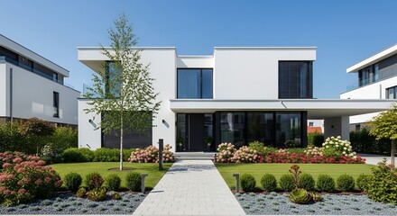 Modern Minimalist House with Lush Green Garden and Paved Walkway Contemporary Residential Exte