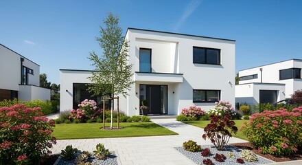 Modern White Minimalist House Exterior with Beautiful Landscaped Garden on a Bright Sunny Day