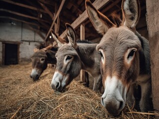 Donkeys Eating Hay in a Rustic Barn