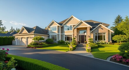 Luxurious Suburban Home Exterior with Manicured Lawn and Elegant Landscaping Under a Clear Blue