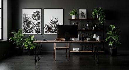 Stylish Modern Home Office Interior with Wooden Desk Computer Green Plants and Minimalist De