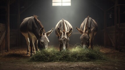 Donkeys Eating Hay in a Rustic Barn