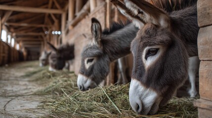 Donkeys Eating Hay in a Rustic Barn