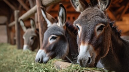 Donkeys Eating Hay in a Rustic Barn