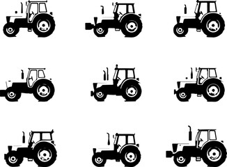 set of tractor silhouettes, tractor, farm, agriculture, red, machine, equipment, machinery, agricultural, vehicle, car, transport, toy, truck, isolated, farmer, green, farming, old, wheel, vector, ind