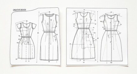 Technical Dress Pattern Sketches Showing Detailed Garment Design and Construction