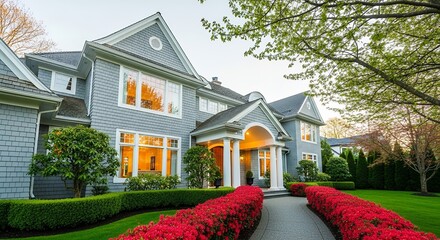 Elegant Luxury Home Exterior with Lush Landscaping and Vibrant Red Flowers Modern Residential